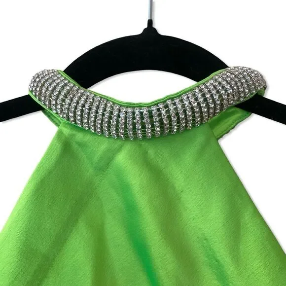 Retrofete Maria dress satin maxi lime green rhinestone collar high slit NWT  S - www.joarbit.com